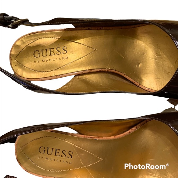 Guess Patent Leather Brown Cork Heel Sandles - Picture 4 of 7